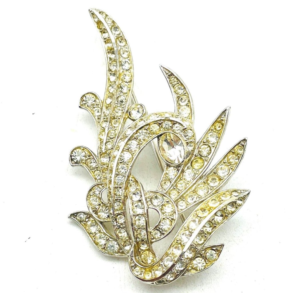 Ora Leaf Frond Rhinestone Pin Silver Tone Nature Garden Trees Flowers Flora